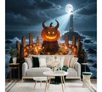Custom Size Wall Sticker Mural， Giant Glowing Pumpkin， Stone Circle Ruins， Lighthouse by the Sea， Night Landscape， for wall Decoration， peelandstick wall Decals.