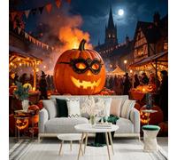 Custom Size Wall Sticker Mural， Giant Glowing Pumpkin with Masquerade Mask， Festive Night Street Fair， Autumn Harvest Atmosphere， for wall Decoration， peelandstick wall Decals.