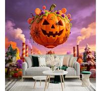 Custom Size Wall Sticker Mural， Giant Jack O Lantern Hot Air Balloon， Whimsical Candy Factory Landscape， for wall Decoration， peelandstick wall Decals.