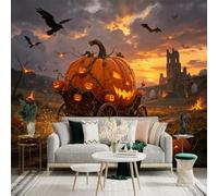 Custom Size Wall Sticker Mural， Giant Jack O Lantern on Wagon， Mystic Castle at Sunset， Flying Bats， for wall Decoration， peelandstick wall Decals.