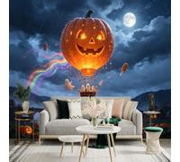 Custom Size Wall Sticker Mural， Giant JackoLantern Hot Air Balloon， Flying Ghosts and Candy， Mystical Night Landscape， for wall Decoration， peelandstick wall Decals.