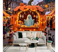 Custom Size Wall Sticker Mural， Giant Pumpkin Carriage， Glowing Ghost， Festive Halloween Market Scene， Whimsical Autumn Decor， for wall Decoration， peelandstick wall Decals.