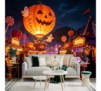 Custom Size Wall Sticker Mural， Giant Pumpkin Hot Air Balloon， Carnival Night Scene， Festive Atmosphere， for wall Decoration， peelandstick wall Decals.