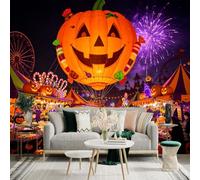 Custom Size Wall Sticker Mural， Giant Pumpkin Hot Air Balloon， Festive Night Fair， Colorful Fireworks Display， for wall Decoration， peelandstick wall Decals.