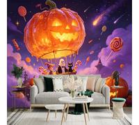 Custom Size Wall Sticker Mural， Giant Pumpkin Hot Air Balloon， Magical Night Sky with Sweets， for wall Decoration， peelandstick wall Decals.