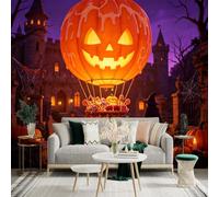 Custom Size Wall Sticker Mural， Giant Pumpkin Hot Air Balloon， Mysterious Castle at Night， Witch with Candies， Festive Autumn Atmosphere， for wall Decoration， peelandstick wall Decals.