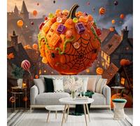 Custom Size Wall Sticker Mural， Giant Pumpkin Hot Air Balloon， Sweet Candy Decorations， Festive Fall Village Scenery， for wall Decoration， peelandstick wall Decals.