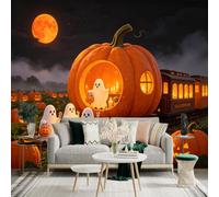 Custom Size Wall Sticker Mural， Giant Pumpkin Train House， Cute Little Spirits， Full Moon Night Scene， Autumn Harvest Theme， for wall Decoration， peelandstick wall Decals.
