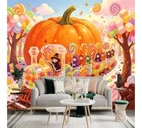 Custom Size Wall Sticker Mural， Giant Pumpkin with Candy Train， Sweets and Colorful Lollipops， Fantasy Dessert Landscape， for wall Decoration， peelandstick wall Decals.