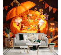 Custom Size Wall Sticker Mural， Giant Pumpkin with Sweets， Miniature Fairies， Honey and Marshmallows， Festive Autumn Theme， for wall Decoration， peelandstick wall Decals.