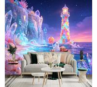 Custom Size Wall Sticker Mural， Glowing Crystal Lighthouse， Dreamy Ocean Landscape， Magical Beach Scene with Boat， for wall Decoration， peelandstick wall Decals.