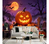 Custom Size Wall Sticker Mural， Glowing Jack O Lanterns， Spooky Cemetery Scene， Full Moon Night， Dark Foggy Forest， for wall Decoration， peelandstick wall Decals.