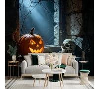 Custom Size Wall Sticker Mural， Glowing JackoLantern Pumpkin， Realistic Human Skull， Dark Stone Window Sill， Eerie Spider Webs， for wall Decoration， peelandstick wall Decals.