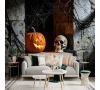 Custom Size Wall Sticker Mural， Glowing JackoLantern， Realistic Human Skull， Spooky Cobwebs， Dark Stone Window， for wall Decoration， peelandstick wall Decals.