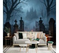 Custom Size Wall Sticker Mural， Glowing Jackolanterns， Ancient Cemetery， Foggy Dark Castle， Mystic Night View， for wall Decoration， peelandstick wall Decals.
