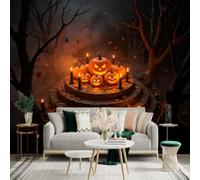 Custom Size Wall Sticker Mural， Glowing Jackolanterns on Stone Platform， Dark Mystical Forest Scene， Autumn Leaves and Candles， for wall Decoration， peelandstick wall Decals.