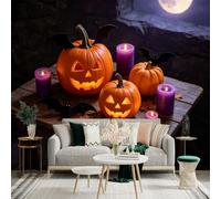 Custom Size Wall Sticker Mural， Glowing Jacko'lanterns， Purple Candles， Flying Bat Silhouettes， Autumn Maple Leaves， for wall Decoration， peelandstick wall Decals.