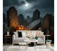 Custom Size Wall Sticker Mural， Glowing Pumpkin Lantern in Graveyard， Mysterious Full Moon Night， Ancient Headstones and Realistic Human Skull， for wall Decoration， peelandstick wall Decals.