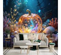 Custom Size Wall Sticker Mural， Glowing Pumpkin Lantern， Underwater World with Fish and Corals， Magical Ocean Scenery， for wall Decoration， peelandstick wall Decals.