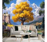 Custom Size Wall Sticker Mural，Golden Autumn Tree Rocky Stream Snow Mountain Valley Forest，Removable SelfAdhesive Wall Fabric Large Photo Wallpaper for Living Room Bedroom