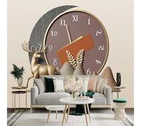 Custom Size Wall Sticker Mural， Golden Deer and Bull with Modern Clock and Mountain Design， for wall Decoration， peelandstick wall Decals.