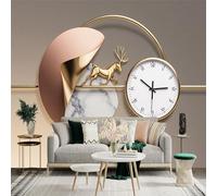 Custom Size Wall Sticker Mural， Golden Deer and Clock Abstract Design， for wall Decoration， peelandstick wall Decals.