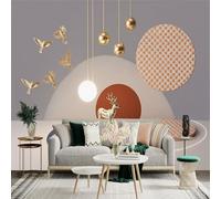 Custom Size Wall Sticker Mural， Golden Deer and Flying Birds with Geometric Circles and Modern Abstract Art， for wall Decoration， peelandstick wall Decals.