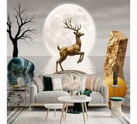Custom Size Wall Sticker Mural， Golden Deer， Full Moon， Abstract Rocks， and Bare Tree， for wall Decoration， peelandstick wall Decals.