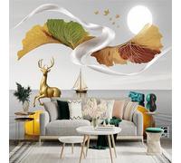 Custom Size Wall Sticker Mural， Golden Deer， Sailing Boat， Abstract Leaves and Stones， for wall Decoration， peelandstick wall Decals.