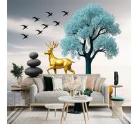 Custom Size Wall Sticker Mural， Golden Deer with Blue Tree， Stones and Flying Birds Over Calm Water， for wall Decoration， peelandstick wall Decals.