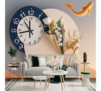 Custom Size Wall Sticker Mural， Golden Deer with Clock， Flowers， Flying Birds and Mountain Scene， for wall Decoration， peelandstick wall Decals.