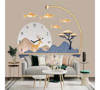 Custom Size Wall Sticker Mural， Golden Deer with Clock， Flying Fish and Blue Mountains Landscape， for wall Decoration， peelandstick wall Decals.