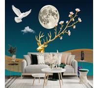 Custom Size Wall Sticker Mural， Golden Deer with Moon， Flowers and White Dove Under Night Sky， for wall Decoration， peelandstick wall Decals.