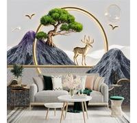 Custom Size Wall Sticker Mural， Golden Deer with Mountain Landscape， Tree and Flying Birds， for wall Decoration， peelandstick wall Decals.