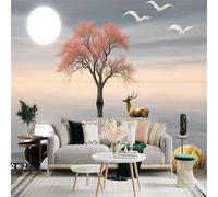Custom Size Wall Sticker Mural， Golden Deer with Sunset Lake， Tree and Flying Birds， for wall Decoration， peelandstick wall Decals.