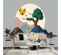 Custom Size Wall Sticker Mural， Golden Deer with Tree and Mountains Under Sun and Flying Birds， for wall Decoration， peelandstick wall Decals.
