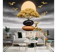 Custom Size Wall Sticker Mural， Golden Deer with Tree and Stones Under Sunset Sky， Ocean and Flying Birds， for wall Decoration， peelandstick wall Decals.