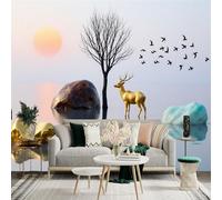 Custom Size Wall Sticker Mural， Golden Deer with Tree and Sunrise Over Lake with Flying Birds， for wall Decoration， peelandstick wall Decals.