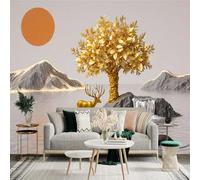 Custom Size Wall Sticker Mural， Golden Deer with Tree Waterfall and Mountain Landscape Under Orange Sun， for wall Decoration， peelandstick wall Decals.