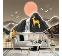 Custom Size Wall Sticker Mural， Golden Deer with Waterfall， Sailboat and Sunset Mountain Landscape， for wall Decoration， peelandstick wall Decals.