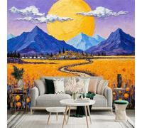 Custom Size Wall Sticker Mural，Golden Flower Field Mountain Landscape，Removable SelfAdhesive Wall Fabric Large Photo Wallpaper for Living Room Bedroom