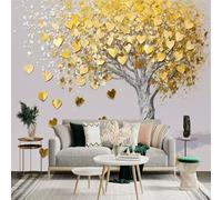 Custom Size Wall Sticker Mural， Golden Heart Leaves Tree， Romantic Metallic Art， Luxury Abstract Plant， Shiny Gold Decor， for wall Decoration， peelandstick wall Decals.