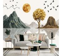 Custom Size Wall Sticker Mural， Golden Moon Lake with Deer Boat， Mountains， Tree and Flying Birds， for wall Decoration， peelandstick wall Decals.