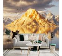 Custom Size Wall Sticker Mural，Golden Mountain Lake Boat Flock of Birds，Removable SelfAdhesive Wall Fabric Large Photo Wallpaper for Living Room Bedroom