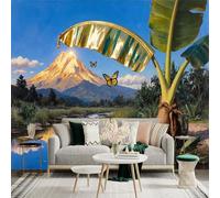 Custom Size Wall Sticker Mural， Golden Mountain Lake Butterfly Banana Leaf， Removable SelfAdhesive Wall Fabric Large Photo Wallpaper for Living Room Bedroom