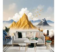 Custom Size Wall Sticker Mural， Golden Mountains with Deer， Boat and Flying Birds in Misty Lake Landscape， for wall Decoration， peelandstick wall Decals.