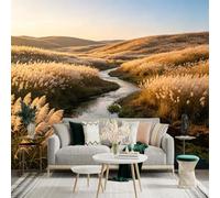 Custom Size Wall Sticker Mural， Golden Reeds Field， Peaceful Stream， Rolling Hills at Sunset， Scenic Nature Landscape， for wall Decoration， peelandstick wall Decals.