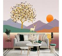 Custom Size Wall Sticker Mural， Golden Tree and Deer by Sunset Lake with Mountain Landscape， for wall Decoration， peelandstick wall Decals.