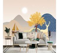 Custom Size Wall Sticker Mural， Golden Tree with Deer， Sailboat and Mountain Lake Reflection， for wall Decoration， peelandstick wall Decals.