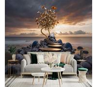 Custom Size Wall Sticker Mural， Golden Tree with Floating Leaves， Stone Pathway by the Ocean， Sunset Horizon， Scenic Landscape， for wall Decoration， peelandstick wall Decals.